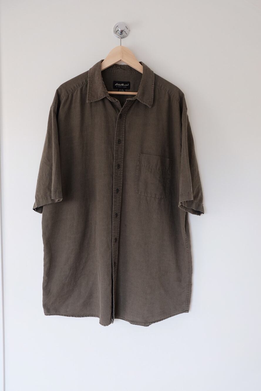 Eddie Bauer Linen Cotton Shirt Mens XLT Olive Short Sleeve Button Up Utility